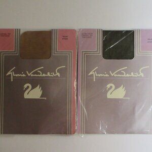2 Gloria Vanderbilt Nylon Pantyhose Control Top Sz Ample Black & Taupe Vtg